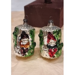 Old glass ornament, elves on tree, h: 6,5 cm.