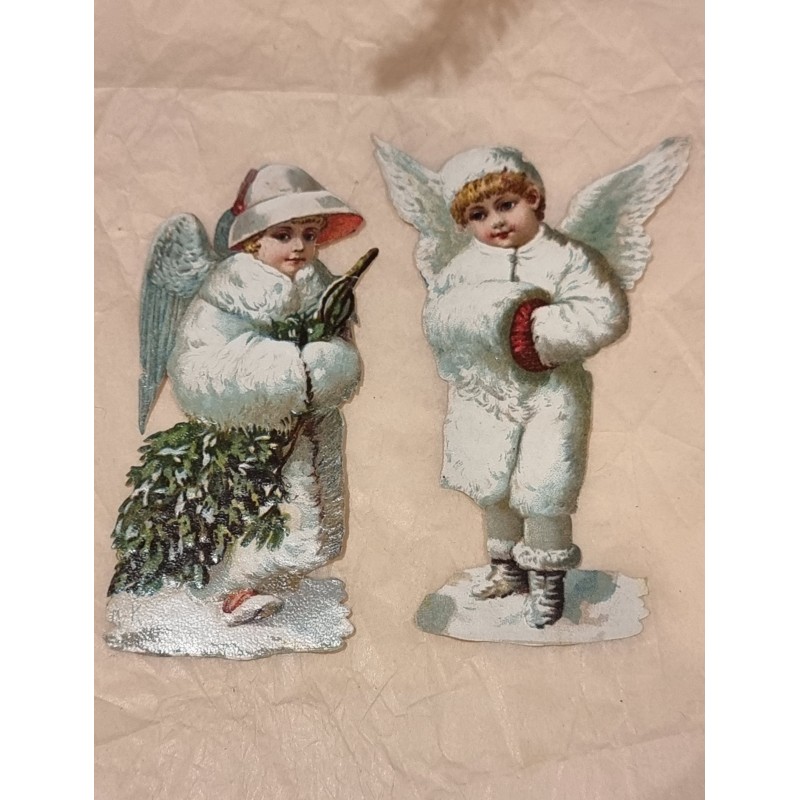 Antikke glansbilleder fra 1880, sne engle, h: 12 - 12,5 cm. (2stk)