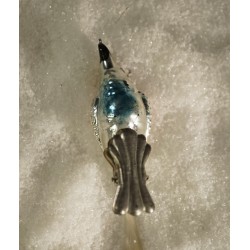 Gammelt glaspynt, fugl, pastel, spec. mønster på ryg, l: 15 cm.